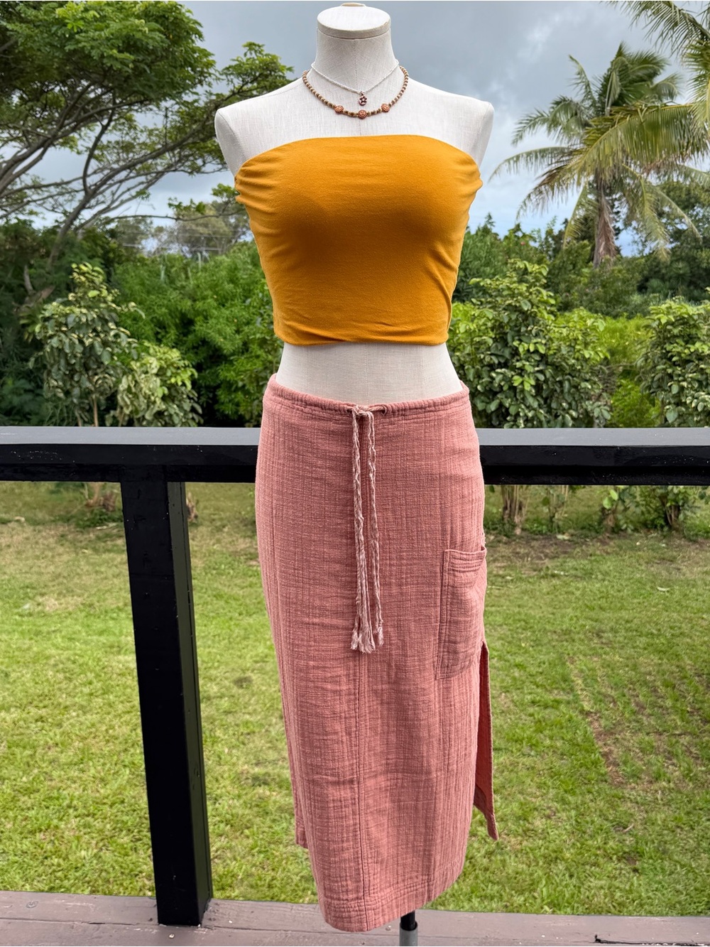 Cotton Gauze Wrap Midi Skirt Small Dusty Rose Side Slit Pocket Beach Resort